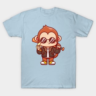 Cute Cool Monkey With Baseball Bat With Jacket And Banana Cartoon T-Shirt